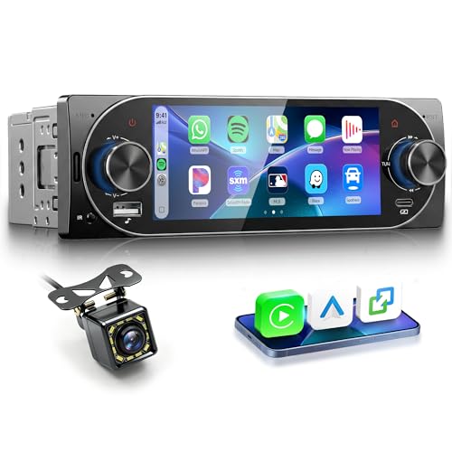 Rimoody Autoradio 1 Din avec Carplay sans Fil - Android Auto, Bluetooth 5.2, Mirror Link, 5,1 Pouces Écran Tactile in-Cell, Contrôle au Volant, Caméra Recul Microphone pour Voiture