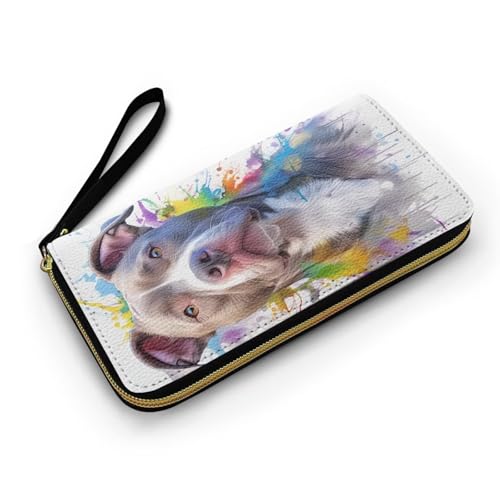 Pitbull Dog Wallets for Women Watercolor Dogs Painting Zipper Long Wallet Clutch Coin Pocket, Color Splatter Paint Puppy Print Ladies Long Purse Credit Card Holder2