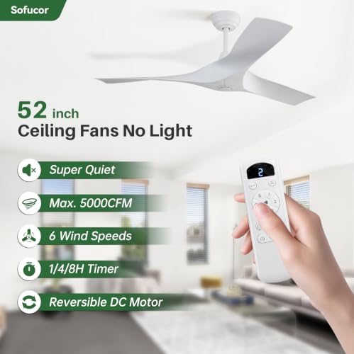 Image of Sofucor 52 Inch Ceiling Fan No Light & Plastic Blade for Indoor Outdoor