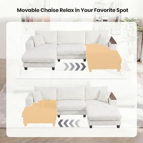 Image of 114 inch Cloud Sectional Couch with L-Shape Reversible Chaise, Modern Corduroy L Shaped Couch with 2 Pillows & Storage Armrests, 4 Seater Sectional Couches for Living Room, Plush Corduroy, White