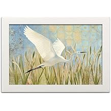 Contemporary Snowy Egret in Flight v2 by Kathrine Lovell Ready to Hang; One 18x12in White Framed Print