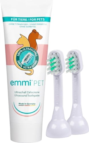 emmi-PET Profi-Bundle: 2x A1 (S) Ultraschall-Aufsatzbürsten + 75ml Ultraschall-Zahnpasta – Geräuschlose Zahnreinigung für kleine Hunde & Katzen – Gegen Zahnstein & Mundgeruch – Vegan & Fluoridfrei