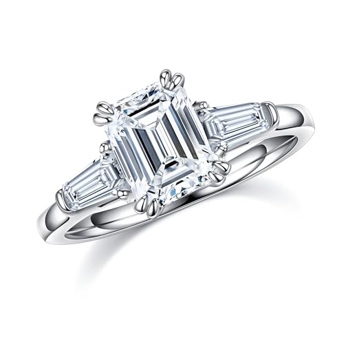 MOOSEA 3 Stone Moissanite Rings for Women, 2ct Emerald D Color VVS1 Clarity Lab Created Moissanite Rings 14K White Gold Vermeil Double Claw Emerald Cut Moissanite 3 Stone Rings for Women Mom Wife Gift