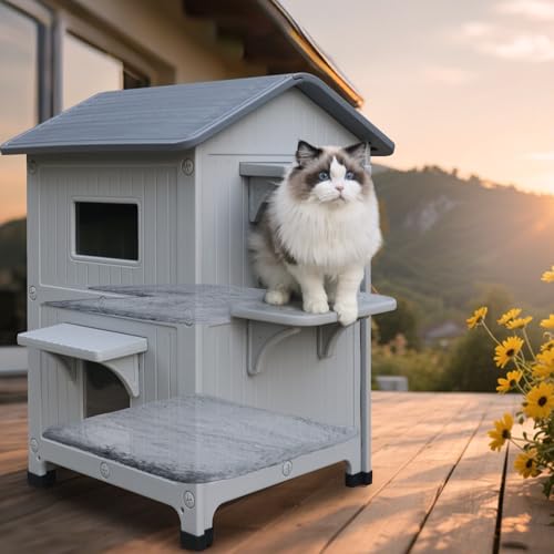 Plastic Outdoor Cat House with Mat Weatherproof for Feral Multi Cat, 2 Story Insulated Elevated Cat Shelter with Escape Door, Easy Assemble, Expansive Interior Grey