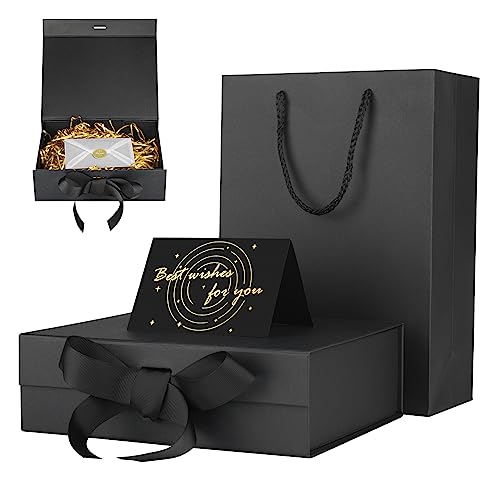 Magnetic Gift Box Matte Black 9.5x7.1x2.9 Inches, Wenearn Large Gift Boxes with Lids, Premium Present Box Set with Gift Bag and Shining Shredded Tissue Paper for Christmas Birthday Valentine