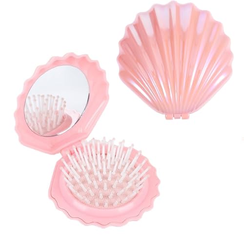 1 Brosse à Cheveux Pliable Voyage avec Miroir – Modèle Coquillage pour Femmes & Filles, Peigne Miniature de Massage & Miroir de Maquillage – Idéal pour Cadeau – Format Compact & Léger