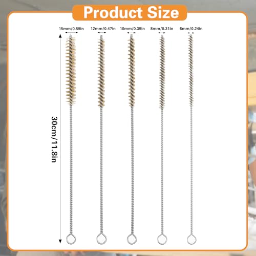 5 PCS Tube Cleaning Brush, 12\" Brass Pipe Brushes for Cleaning, Wire Tube Brushes for Pipe Cleaner, Deep Bottles, Auto Parts, Engine Parts, 6mm/8mm/10mm/12mm/15mm