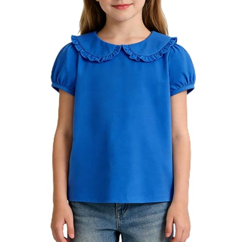 Image of Magic Park 12M-14Y Toddler Short Sleeve T-Shirt Girls Ruffle Blouse Kids Solid Color Tee Casual Tops Holiday Clothes