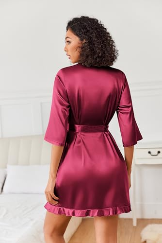 Ekouaer Women's Satin Robes Silk Kimono Bath Robe Short Ruffled Hem Bride Bridesmaid Sleepwear with Pockets2