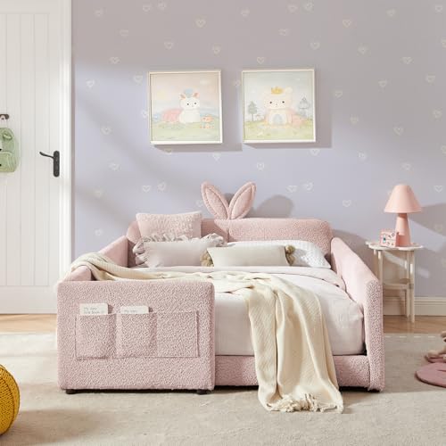 Image of Queen Size Bed Frame for Kids, Upholstered Daybed Frame Floor Bed with Safety Rails and Storage Pocket Cute Rabbit Ear Shaped Headboard for Kids Teens Boys Girls, Pink