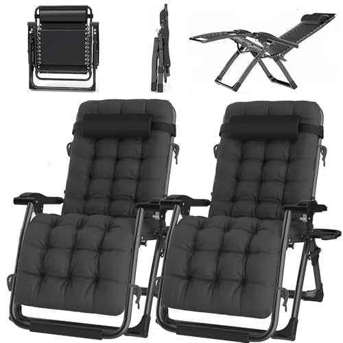 ONKBOITE Pack-2 Tumbona Plegable para jardín, sin instalación, Tumbona de Relax con cojín, con Soporte para Bebidas, Transpirable, para Interior de jardín, sillas de Camping (Negro, 72cm)
