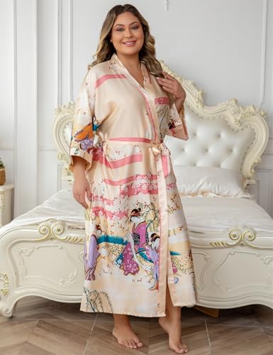 Image of Women's Floral Long Satin Robes Plus Size Long Silk Robes Peacock Floral Kimonos Sleepwear Dressing Gown