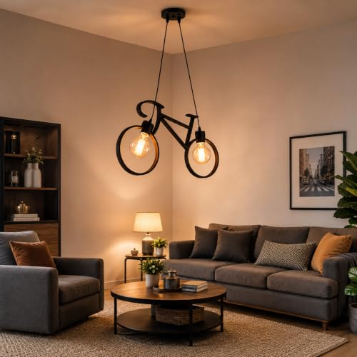 Image of Bicycle Pendant Light Fixture, Industrial Vintage Bike Chandelier, Retro Iron Hanging Ceiling Lamp with 2 E26 Sockets for Kitchen Island, Dining Room, Bar, Coffee Shop, Restaurant (Bulbs Not Included)