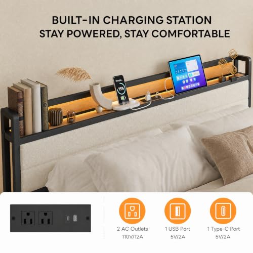 Image of LIKIMIO King Size Bed Frame with Headboard, LED Lights and Charging Station