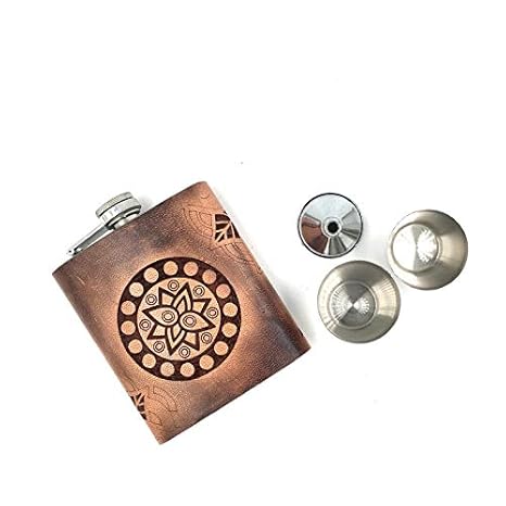 VINAY AND VIJAY Personalized Vintage Indian Motif Pattern Engraved Leather Hip Flasks for Men