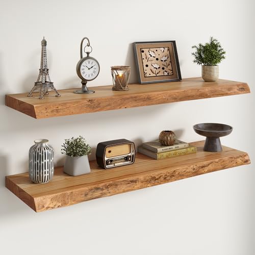 Image of RICHFOCUS Live Edge Elm Floating Shelves - 40 inch W x 9.3 inch D Rustic Solid Wood Wall Shelves with Invisible Bracket, Wall-Mounted for Living Room, Bedroom, Kitchen Storage & Display, Set of 2, Natural
