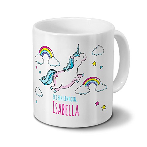 printplanet Tasse mit Namen Isabella - Motiv Dickes Einhorn - Namenstasse, Kaffeebecher, Mug, Becher, Kaffeetasse - Farbe Weiß