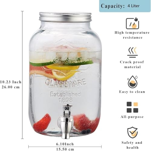 Image of 4 Liter Glass Beverage Dispenser Jar with Tap - Airtight Water Jar for Detox Water, Beer, Lemonade, Cocktails - Ideal for Kitchen, Parties, and Commercial