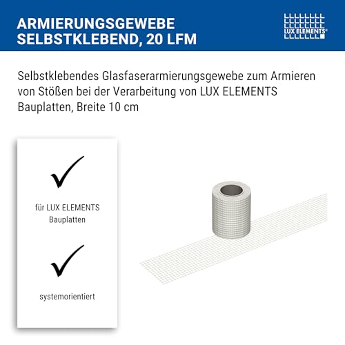 LUX ELEMENTS Selbstklebendes Armierungsgewebe innen ARM-100 SK LARMZ1007 I 100mm (20 lfm) I Glasfasergewebe zum Armieren von Stößen I Alkalibeständig I Weiß