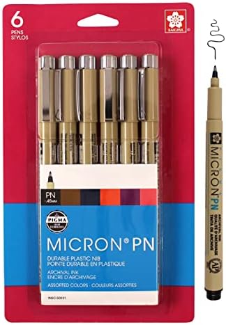 SAKURA Pigma Micron Plastic Nib Pens - Archival Black and Colored Ink Pens - Pens for Writing, Drawing, or Journaling - Black and Assorted Colored Ink - 0.45 mm Plastic Nibs - 6 Pack