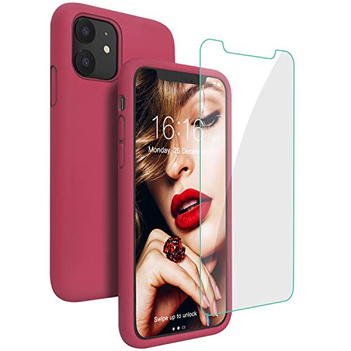 JASBON Case for iPhone 11, Silicone Shockproof with [Tempered Screen Protector], Gel Rubber Full Body Protection Drop Protection 6.1 inch Cover for iPhone 11 2019-Rose Red/Magenta …
