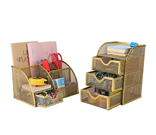 PAG Office Supplies Mesh Desk Organizer Set Pencil Holder Pen Cup Accessories Storage Caddy with Drawer for Women and Girls, Gold
