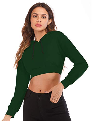 HIOINIEIY Women s Summer Long Sleeve Crop Top Hoodie Workout Casual Cute Pullover Cropped Sweatshirt Drak Green S