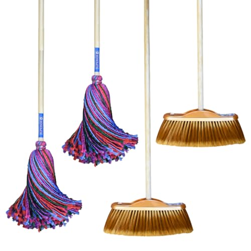 Contenedores, Tools FÉNIXSUPERIOR Kit 2 Trapeadores Hilo de Microfibra Española 250 GMS + 2 Escoba Golden Ideal para Interior Mangos de Madera Barnizado