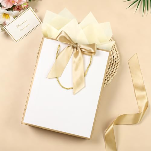 Image of JMANNI Gift Bags with Handles, 11.4 inch Small Mothers Day Gift Bag for Presents, 2 Pcs Bags with 4 Tissue Paper and 2 Cards for Baby Shower Wedding Bridal Shower Mother's Day Birthday Party (white-gold)