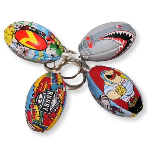 RUGBIER | Confezione da 4 portachiavi da rugby - Mini palla da collezione - regalo originale per fan e giocatori - disegni unici e dettagliati, multicolore, Llavero