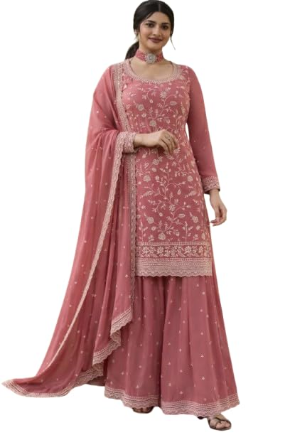Women's Embroidered Straight Kurta Sharara Dupatta Set | Ethnic Suit Set for Women | Festive Wedding Traditional Indian Outfit | Elegant Salwar Kurta Set with Dupatta-picture-40
