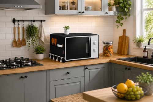 Image of Microwave Oven Cover for Durable, Waterproof and Dustproof Kitchen Protector with 4 Side Storage Pockets for Kitchen Accessories (100 x 35 cm) (Black Lace)