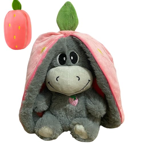 KUWUNG Atmendes Kuscheltier Esel mit Atembewegung & Musik Weiches Plüschtier mit Licht & Sound Einschlafhilfe für Babys & Neugeborene Geschenk für Junge Mütter (Erdbeere)