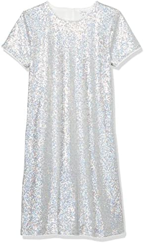 Calvin Klein Girls' Sleeveless Party Dress, Fit and Flare Silhouette, Round Neckline & Back Zip Closure, Silver Sequin