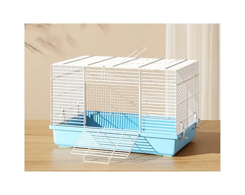 Qztuory ハムスターケージ クリア 飼育ケージ 通気性 可愛い 広々タイプ クリア|モモンガ・ハムスターハウス トレーデザイン 木脚マット付き|脱出にくい 2階建て 組立簡単 耐久性 (ブルー,シングルケージ)