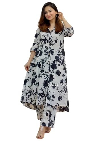 Image of Womens Cotton Printed Co-ord A-line Kurti and Pant Set