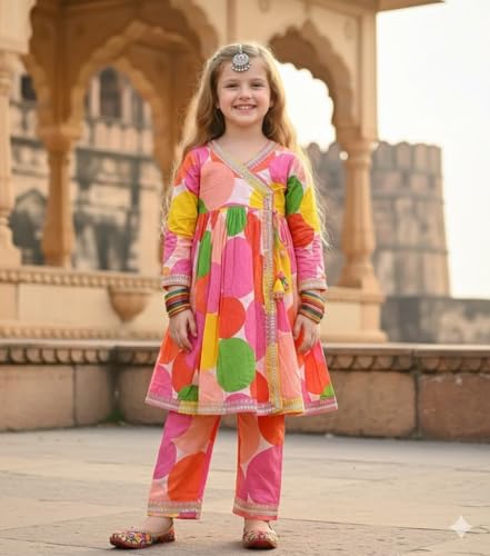 Image of A.T.U.N. (ALL THINGS UBER NICE) Girls Premium Cotton Kurti Sharara Combo Set | Vibrant Ethnic Traditional Print | Comfortable Festive Cultural Outfit for Kids
