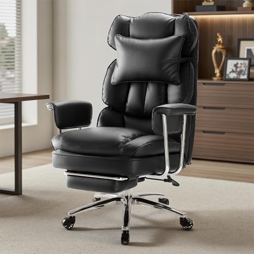 Image of Sweetcrispy Executive Home Office Desk Chair - Ergonomic Big Tall High Back with Footrest & Lumbar Support, Reclining Height Adjustable, Comfy PU Leather Computer Gaming with Swivel Wheels, Black