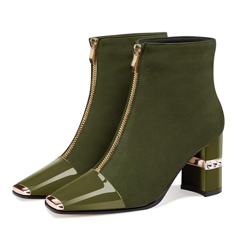 Image of XINIUNIU Women's Ankle Boots Block Chunky Heels Booties Metal Square Toe Suede Front Zipper 3 Inch Short Boot Dress