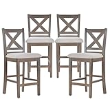 Upholstered Counter Height Bar Stools Set of 4, Modern Kitchen Island Barstools Chairs with Cross Back and Wood Legs for Dining Room Bar, Light Brown Wash