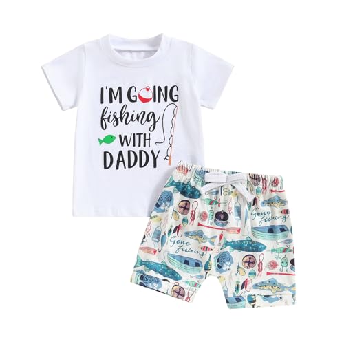 Doqcey Baby Boy Fish Outfit I'm Going Fishing With Daddy Short Sleeve T-Shirt Fish Print Shorts Set Toddler Summer Clothes (White, 12-18 Months)
