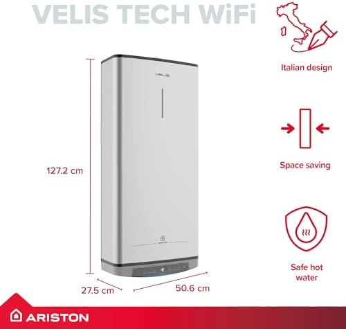 Detail view of the Ariston Velis Tech 80L smart digital display and Wi-Fi connectivity symbol.