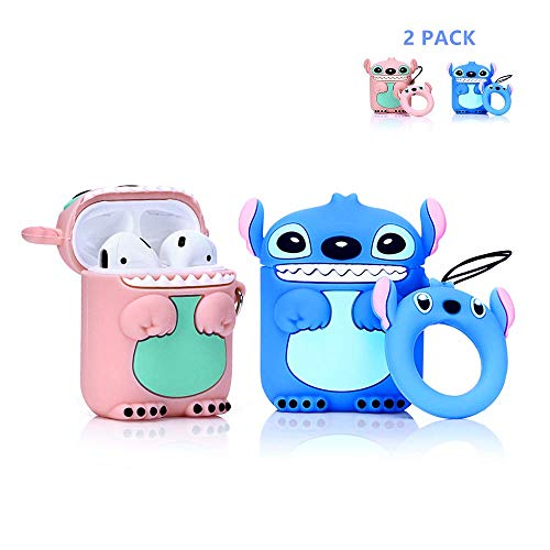 LEWOTE Airpods Carcasa de Silicona Compatible con Airpods de Apple 1 y 2 [Diseño de Dibujos Animados][Niñas o Parejas] (2Pack Stitch Blue/Pink)