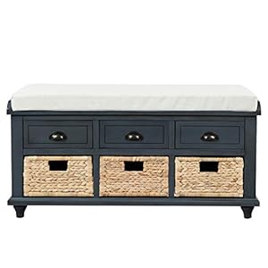 Softsea organizer storage bench with 3 drawers 3 rattan baskets and removable cushion for entryway hallway fully assembleantique navy  urban country home decor