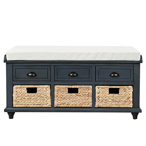 SOFTSEA Retro Storage Bench with 3 Drawers, 3 Rattan Baskets and Removable Cushion for Entryway Hallway, Fully Assemble(Antique Navy)