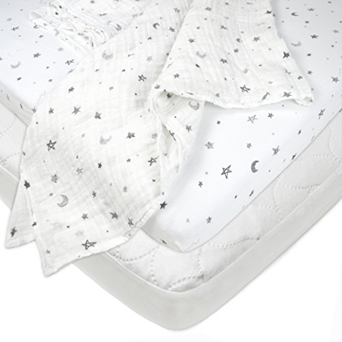 American Baby Company Playard Bundle Mattress Pad Cover, Fitted Sheet, Muslin Swaddle Blanket, Grey Stars and Moon, for Boys and Girls
