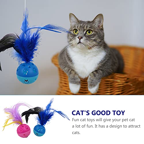 POPETPOP 4pcs Cat Toy Ball with Bell and Feather Plastic Lattice Kitten Chase Pounce Rattle Toy, As Shown, 5X5X13CM - Image 3