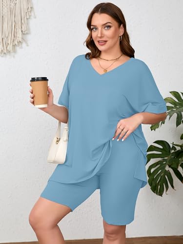 Image of AusLook Women's Plus Size 2 Piece Short Outfits Set Short Sleeve Tops and Shorts Pants Lounge Jogging outfits Matching Set