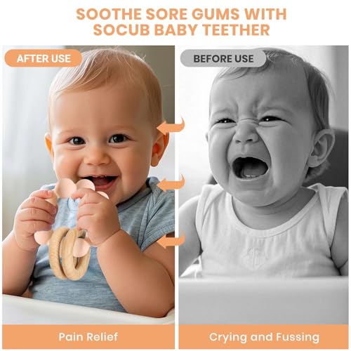 Image of Socub Baby Teething Toys for 0-6 6-12 Months- BPA-Free Food-Grade Silicone & Natural Beech Wood Teether Ring for Newborn Infants Teething Relief- Easy-Grip Sensory Rattle Toys(Blush)