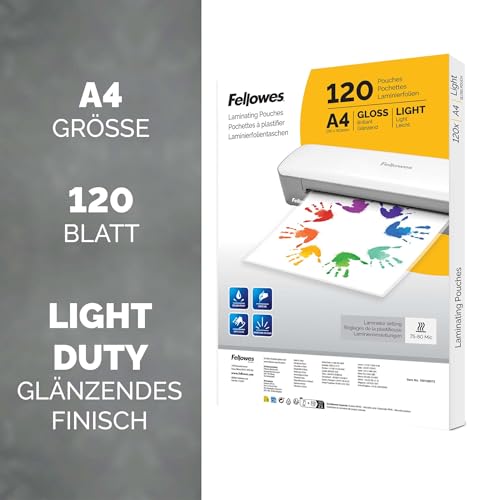 Fellowes 120pk A4 Laminierfolien, glänzende Oberfläche, 120 Hüllen - ideal für Notizen und Fotos - Amazon Exclusive